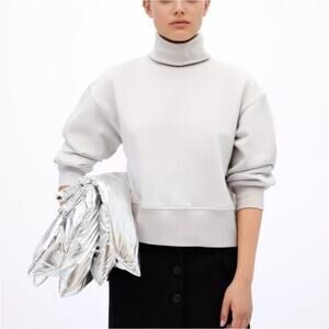 Zara Taupe Sweatshirt Women's Small Mock Neck Cropped Cotton Loungewear Casual